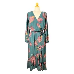 Women's Teal Floral Faux Wrap Maxi Dress - Pink Floral Print